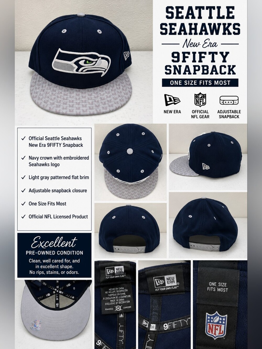 Seattle Seahawks New Era 9FIFTY Snapback Hat Navy Gray NFL